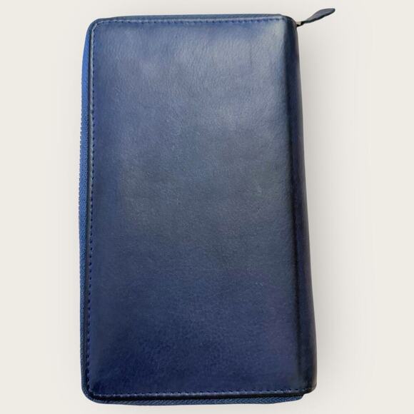 Mou Meraki RFID Leather Bifold Zippered Wallet Passport Creditcards Navy 8"X4.5" - Picture 2 of 12